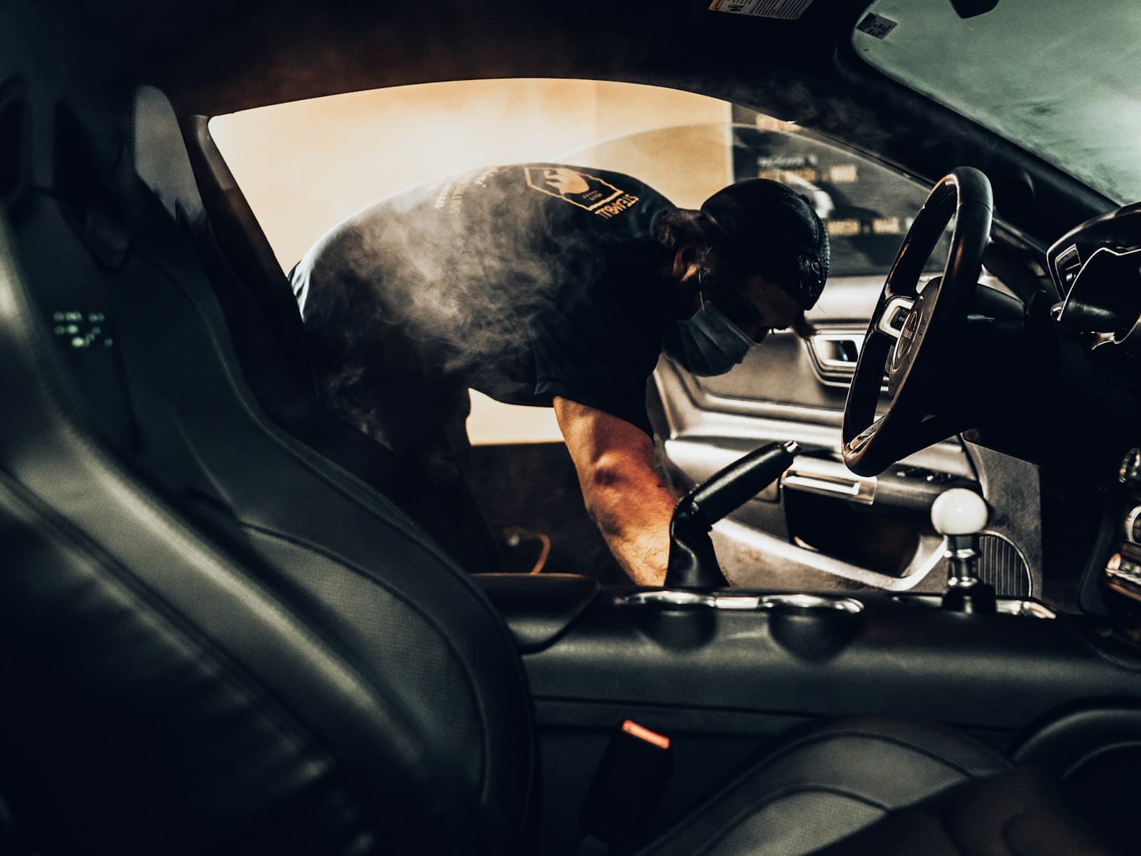 The inside of a car being cleaned